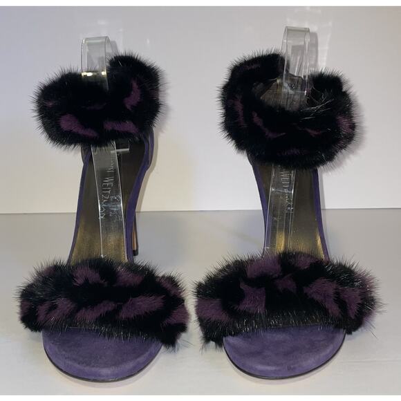 Stuart Weitzman Shoes Womens Size 8.5 Purple Fur Suede High Heel Sandals Strap - Picture 3 of 16